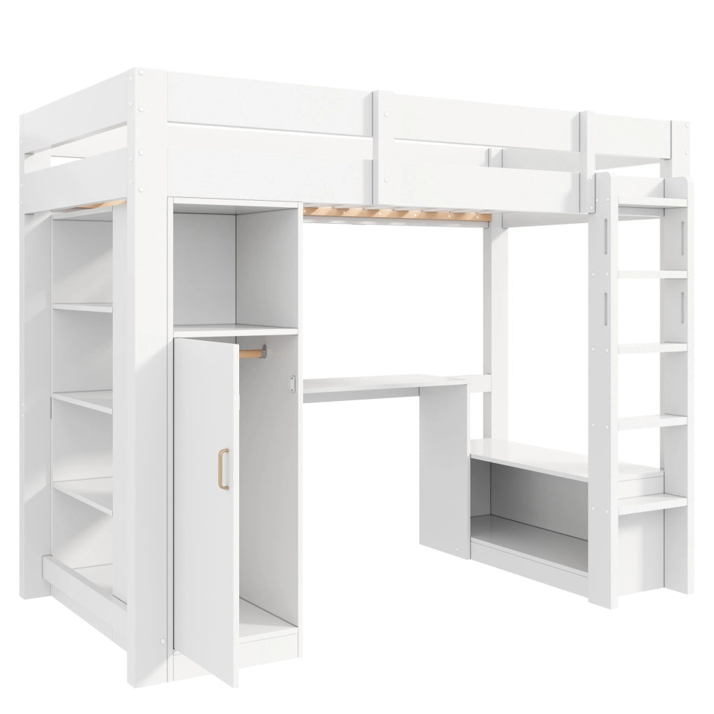 Letto a soppalco 90x200 con scrivania integrata; armadio e LED; bianco