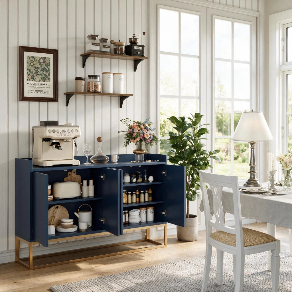 Credenza cucina 120x30x80 cm mobiletto cucina con piano 4 ante mobile contenitore legno e metallo - blu