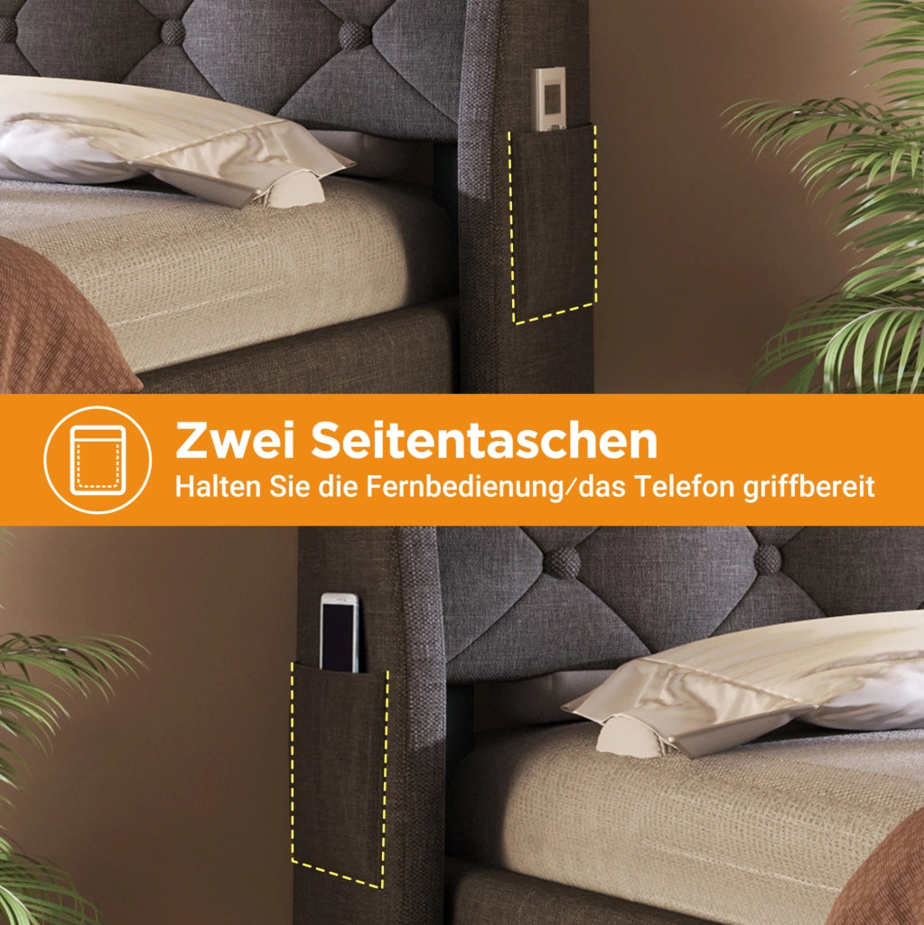 Letto imbottito 180x200 cm con LED, ricarica USB/Type-C e vano