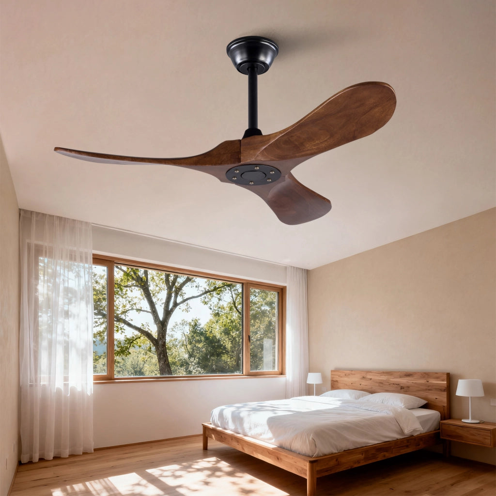 Ventilatore da soffitto senza luce con 3 pale in legno motore DC reversibile con telecomando nero e noce scuro