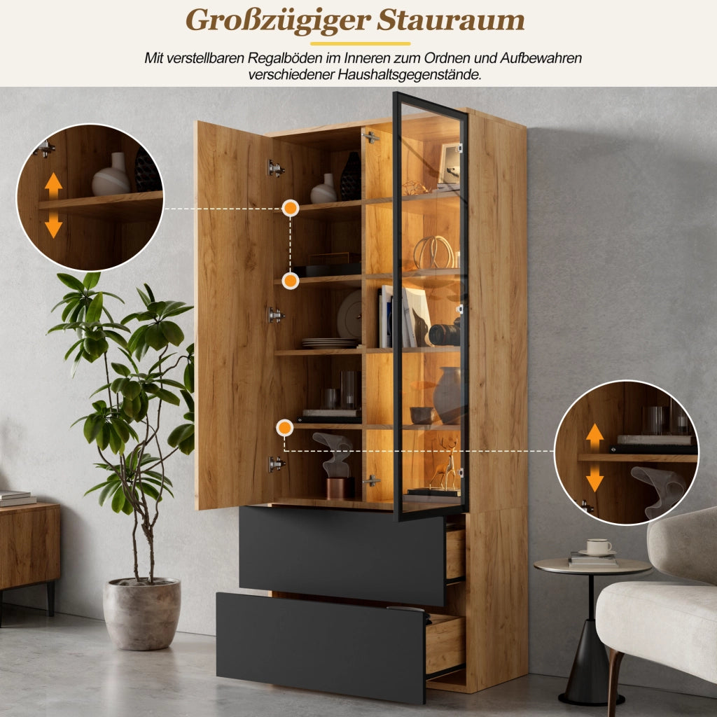 Desviae Vetrina con LED 2 ante 2 cassetti 6 ripiani regolabili in truciolare e vetro nero naturale 70 × 35 × 160 cm