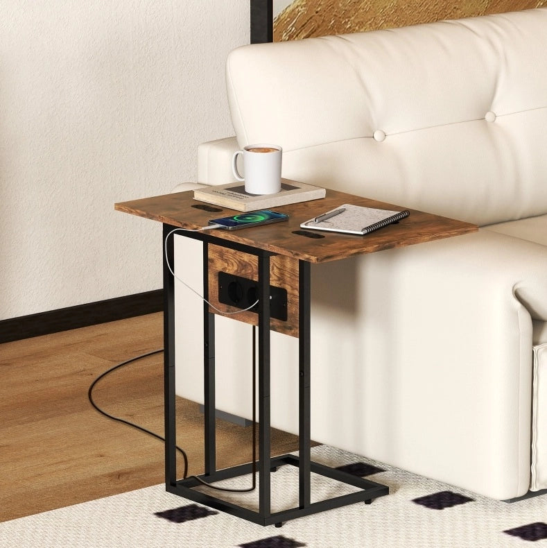 Tavolino pieghevole con stazione di ricarica USB, metallo e pannello marrone 39x29x57 cm