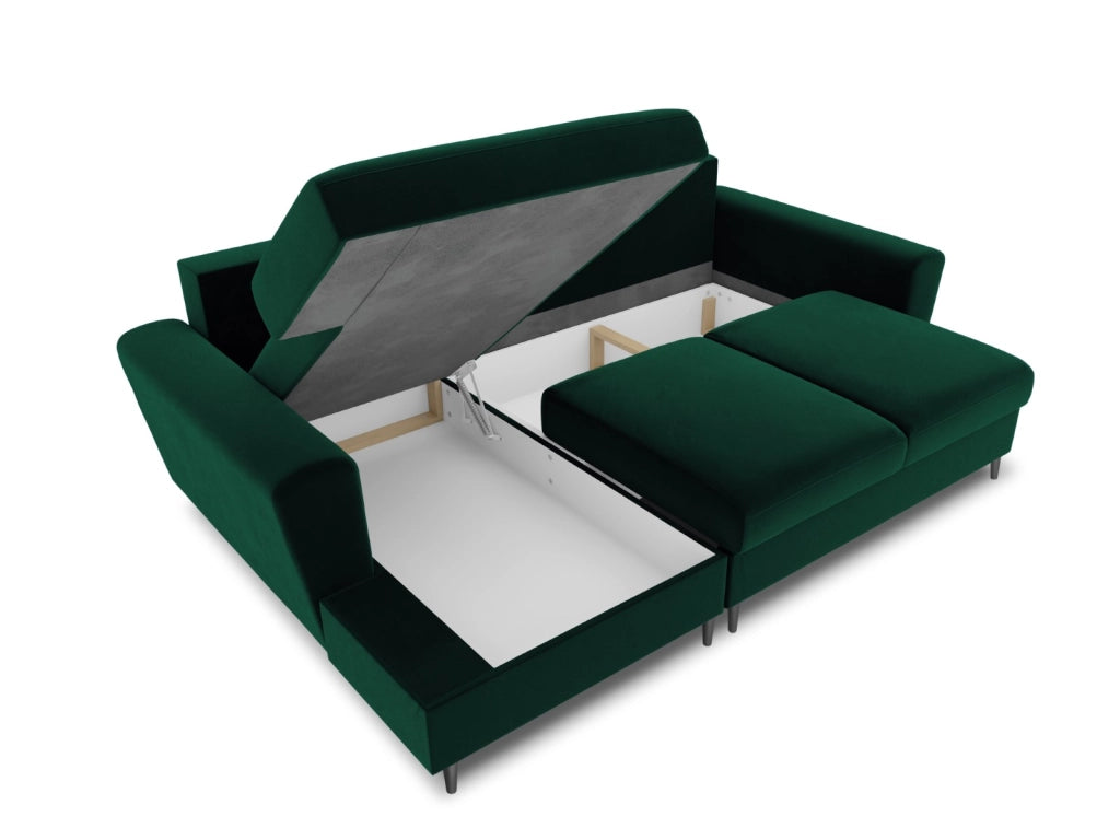 Cosmopolitan Design - Divano convertibile angolare sinistro con contenitore "Kyoto" 4 posti in velluto verde bottiglia 