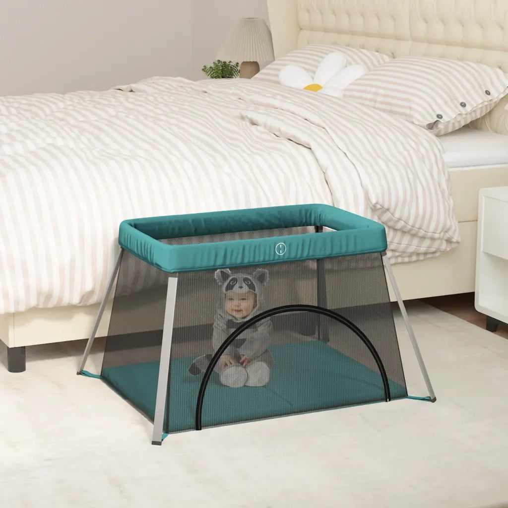 Box per Bambini con Materasso Verde Tessuto di Lino 10306