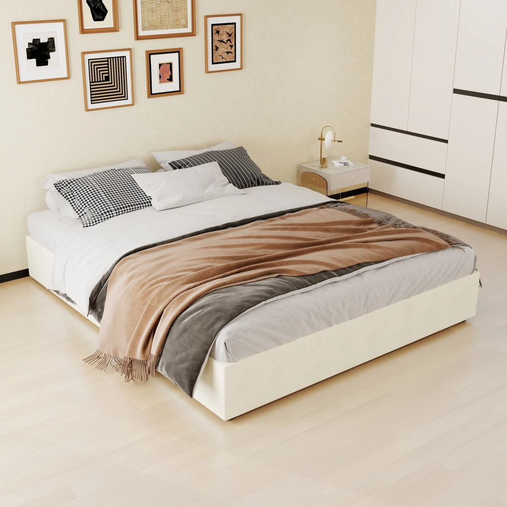 Letto contenitore 160x200 cm in tessuto e metallo beige con materasso
