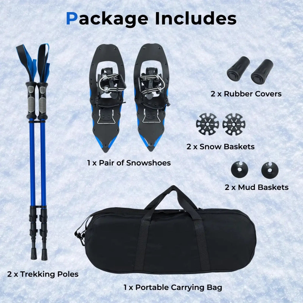 Ciaspole da Neve 63 cm in Alluminio con Bastoncini da Trekking e Borsa Kit Racchette da Neve Regolabili Leggere Blu