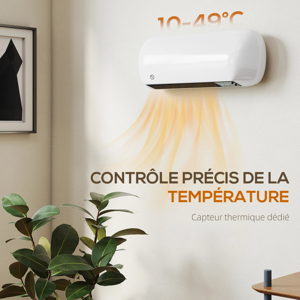 Termoventilatore Murale in Ceramica 1000/2000W con Termostato Timer e Telecomando 50x19x14cm Bianco
