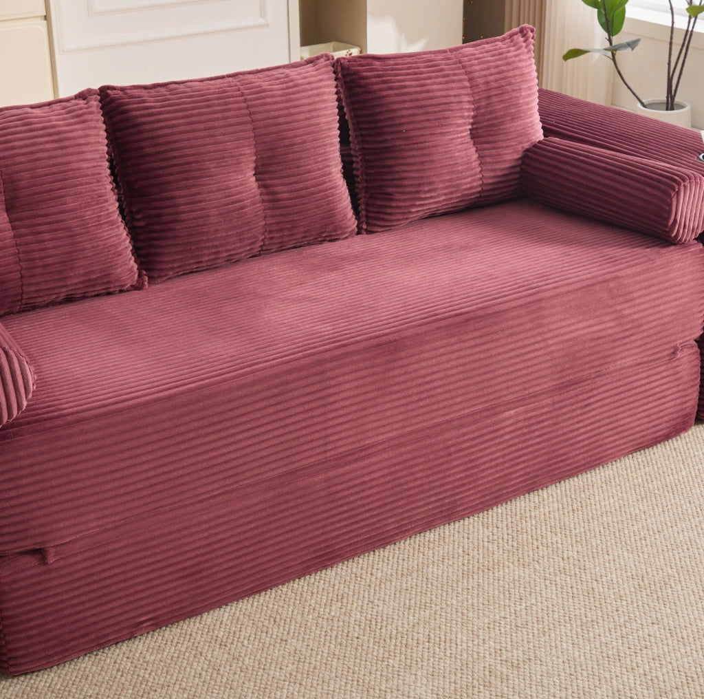 Divano letto modulare ULEVR 232x98 cm in velluto a coste rosso vino, con tasche laterali e portabevande