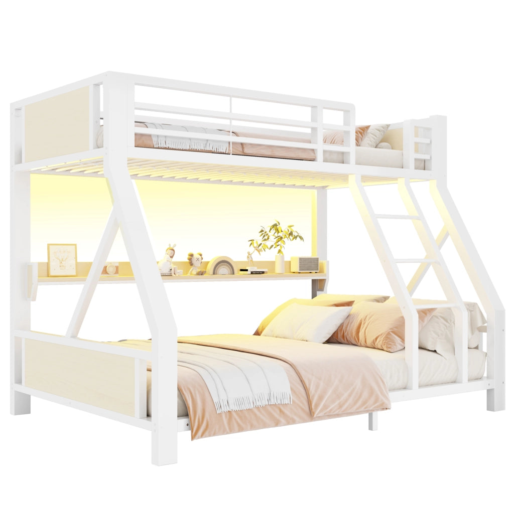 Letto a Castello in Metallo e Legno con LED e Ripiano 90 x 200/140 x 200 cm Bianco - Senza Materasso
