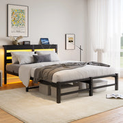 Letto 140 x 200 cm in metallo e legno con LED RGB e ricarica USB