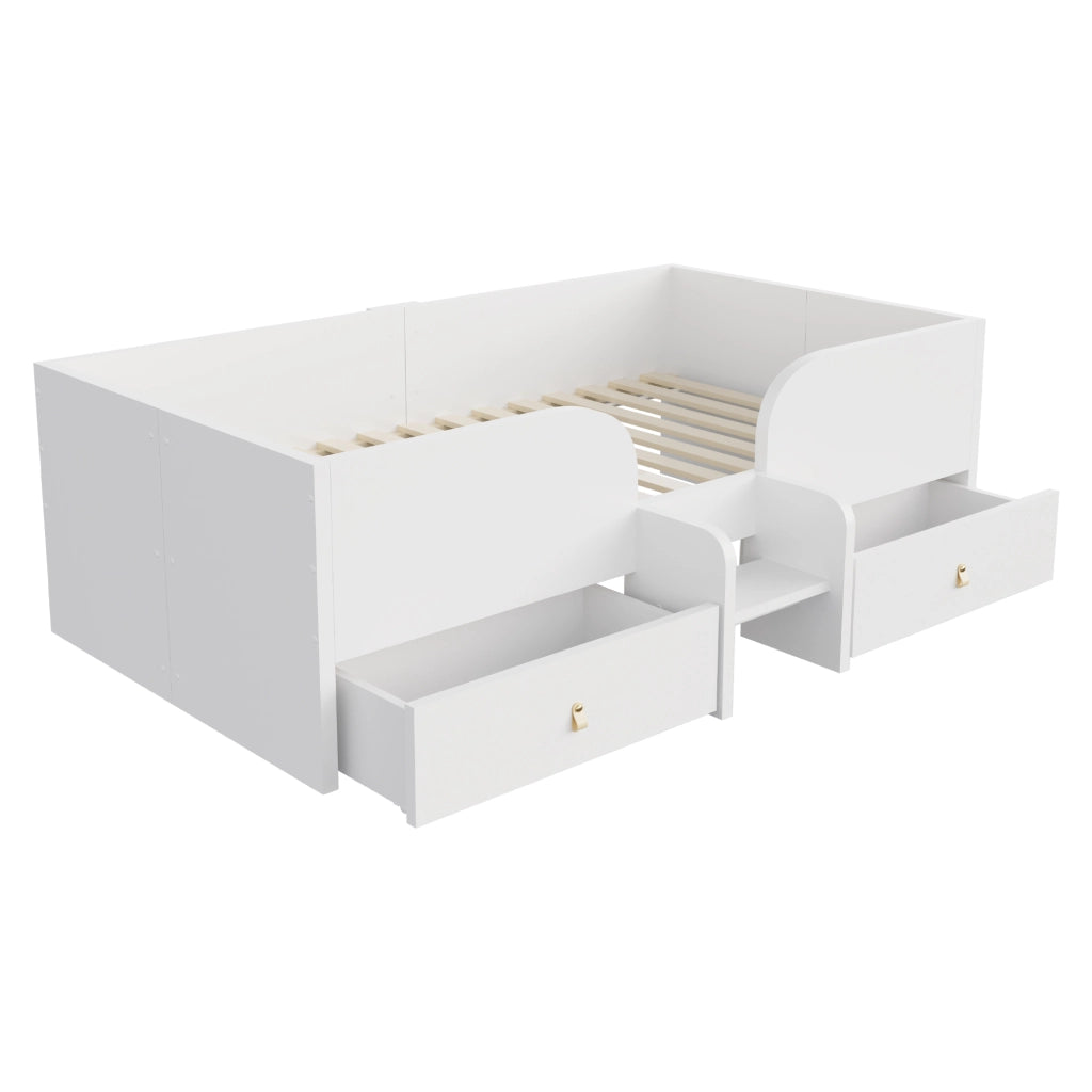 Letto con cassetti 90 × 200 cm con due grandi cassetti; sponde alte e scaletta; in MDF e compensato bianco