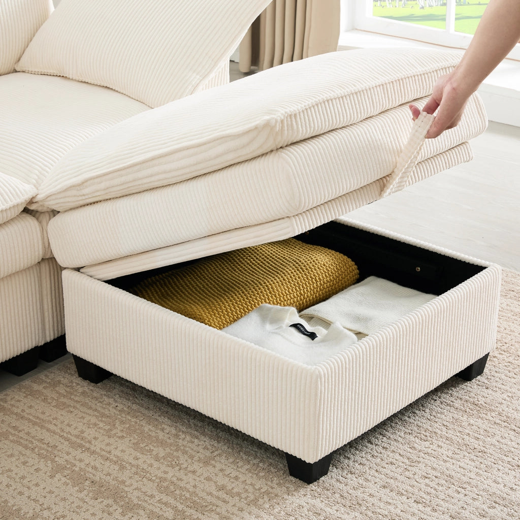 Divano modulare 5-6 posti con USB, contenitori e rivestimento in velluto a coste beige