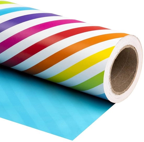 Papier per imballaggio reversibile - Cadeaupapier - Qualità premium - Mini-rotolo 43,2 cm x 10 m - Striscia arcobaleno e blu - Ideale per regali di compleanno e per bambini