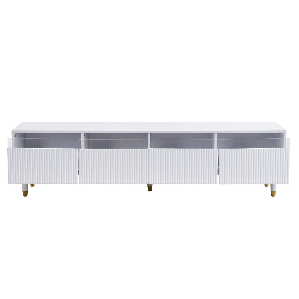 Set mobili moderno LED con mobile TV 4 ante e tavolino con 2 cassetti in MDF bianco con dettagli oro e illuminazione LED