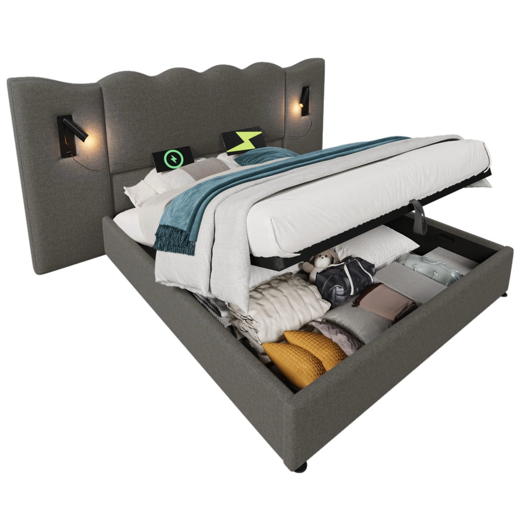 Letto contenitore matrimoniale 180x200 cm grigio con luce LED e porte USB