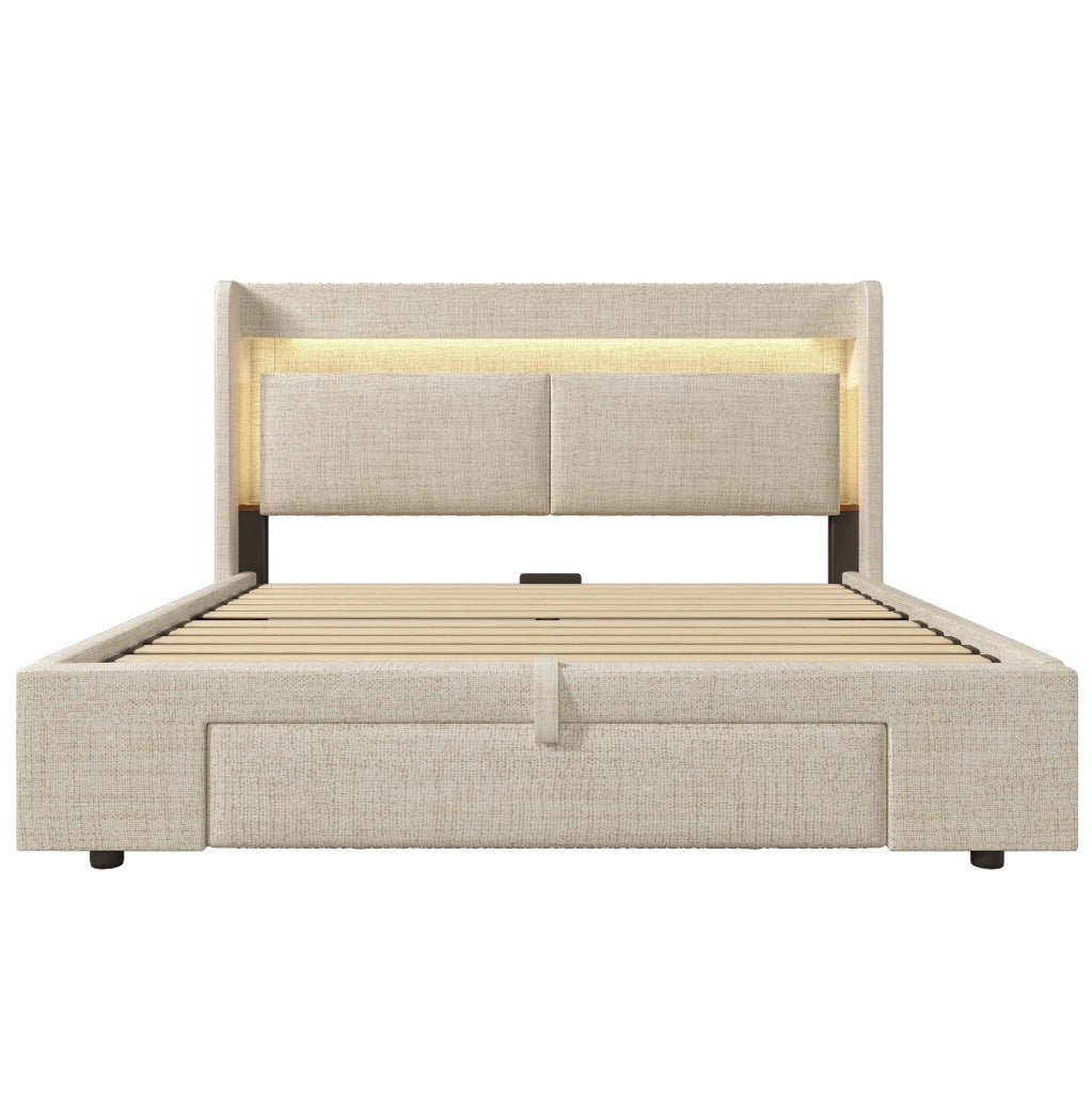 Letto imbottito 140x200 cm beige in lino con contenitore idraulico, testiera con scomparto, luci LED e porte USB/USB-C, con materasso incluso