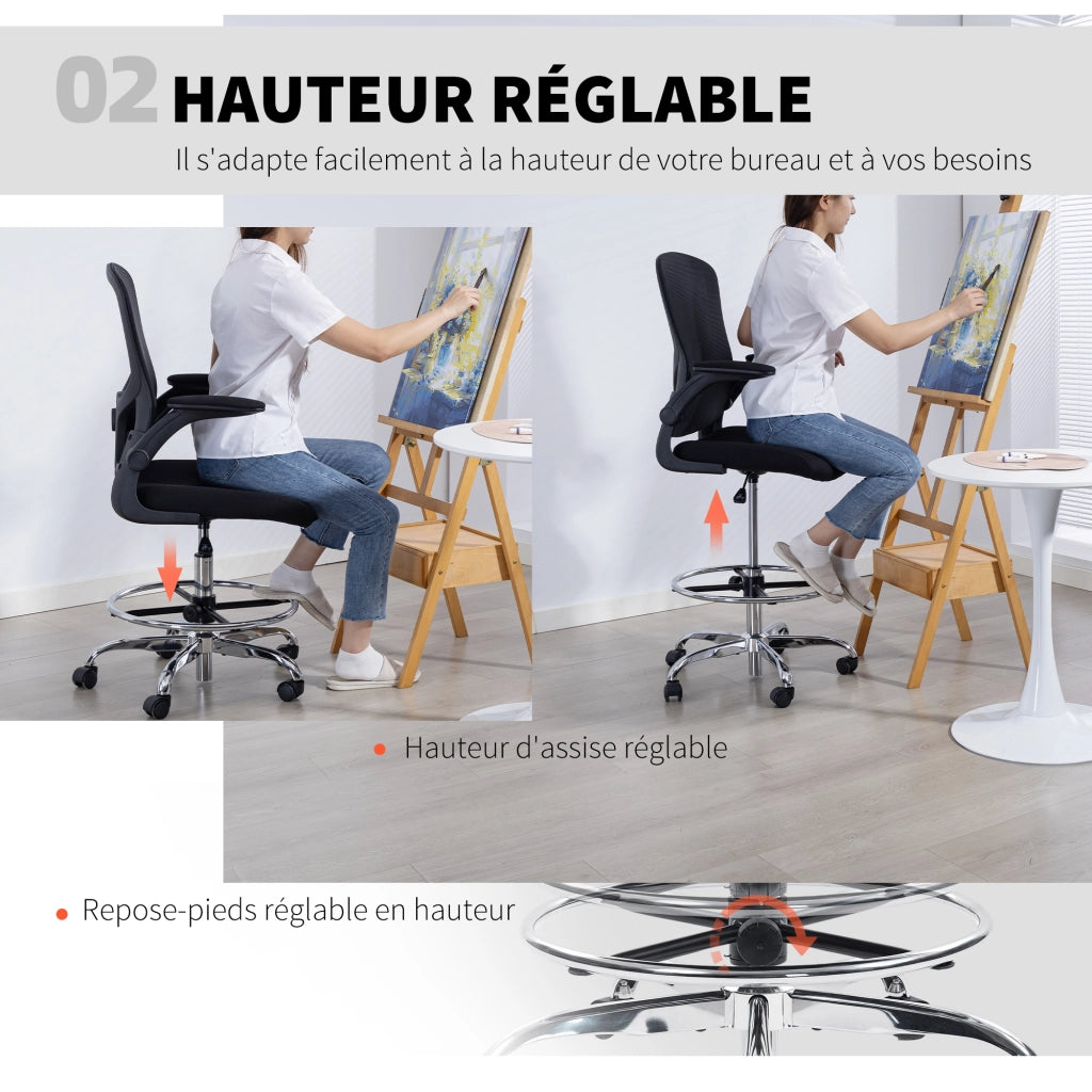 Sedia da ufficio ergonomica, sedia da disegno con supporto lombare 4D e braccioli ribaltabili, 60 x 60 x 108-132 cm, nero