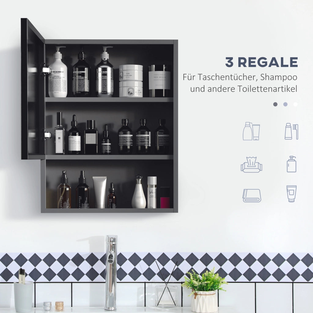 Mobiletto a parete in acciaio inox con specchio, dotato di 2 ripiani interni e ripiano a giorno in vetro, per bagno, dimensioni 46x13,5x58 cm.