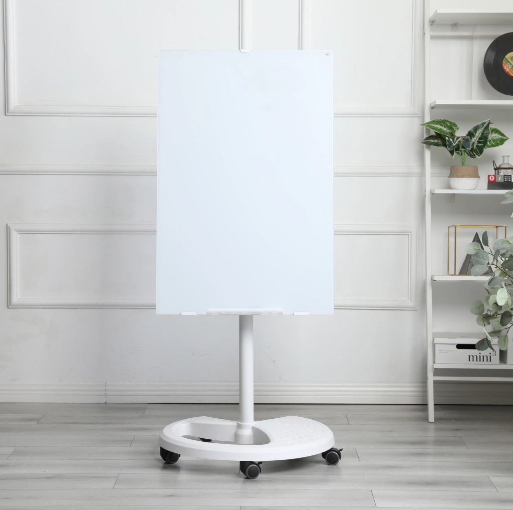 Lavagna Magnetica con Vetro Temperato 90x60 cm con Altezza e Inclinazione Regolabili, Base ABS con Ruote Bloccabili, Bianco