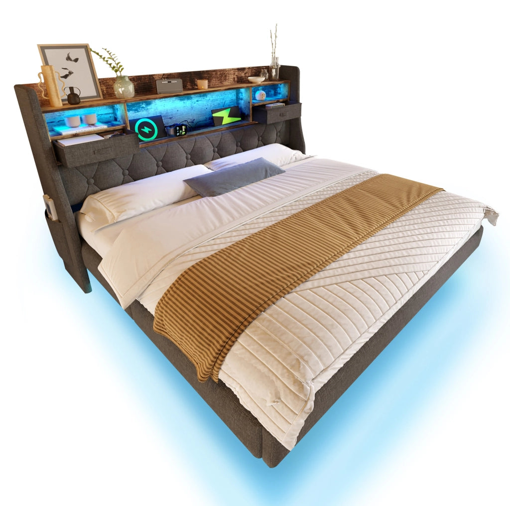 Letto matrimoniale 140x200 cm con LED, testiera contenitiva e porte di ricarica