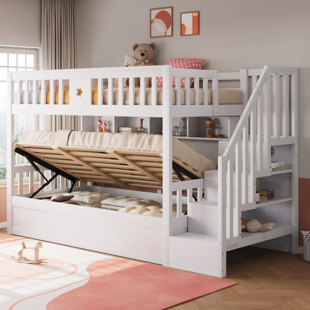Letto a castello 90x200 cm con letto inferiore idraulico e scala contenitore bianco