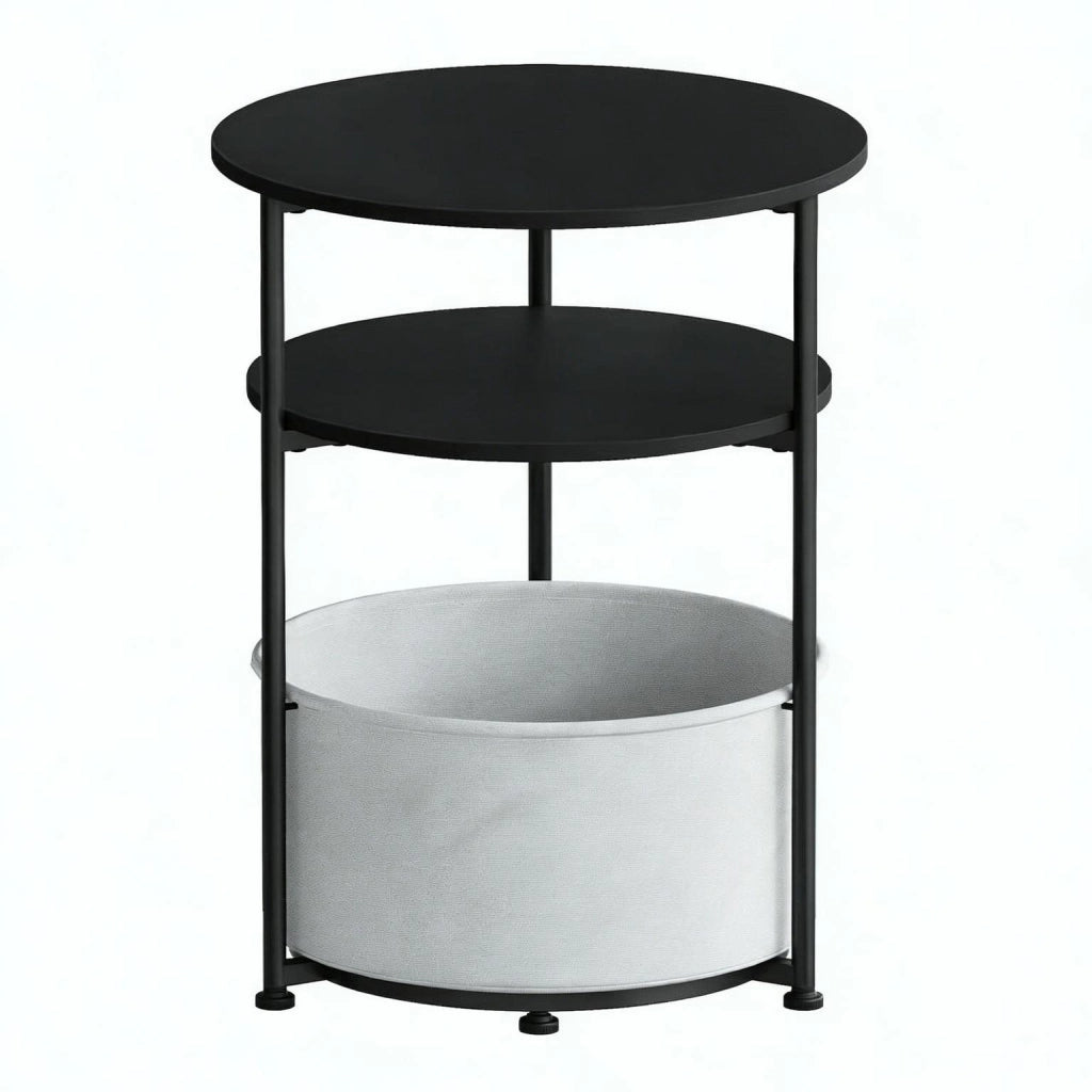 Tavolino laterale rotondo con cesto in tessuto struttura in metallo nero per soggiorno e camera da letto 43 × 56 cm
