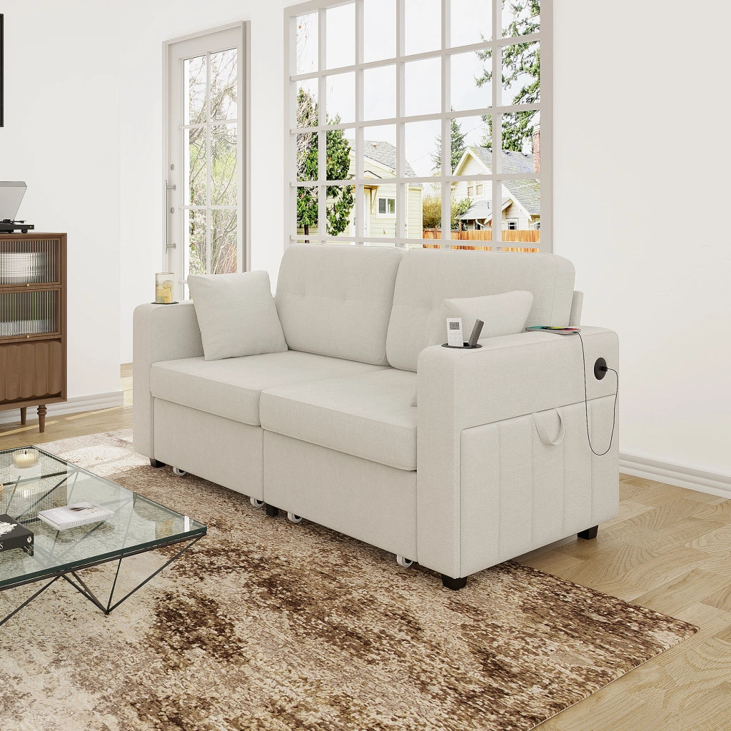Divano a 2 posti con portabicchieri; vani laterali e USB - in chenille beige