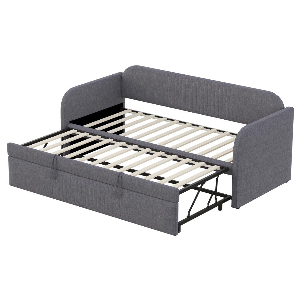 Divano letto imbottito 90x190 cm; letto estraibile 180x190 cm; grigio con rete a doghe