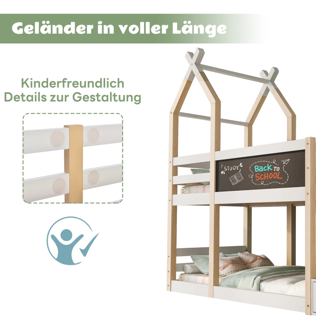 Letto a castello per bambini 90 × 200 cm con scala contenitore e lavagna in legno bianco