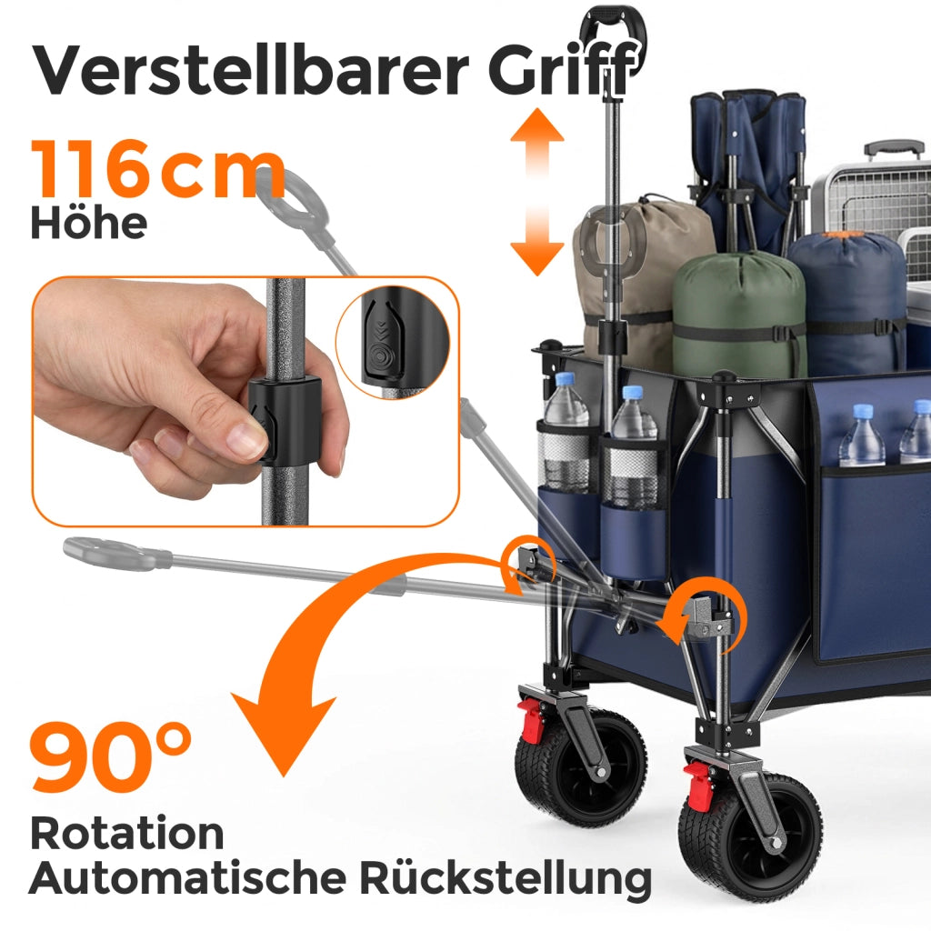 Carrello pieghevole capiente con telaio in acciaio capacità statica 250 kg ruote fuoristrada e freni blu grigio