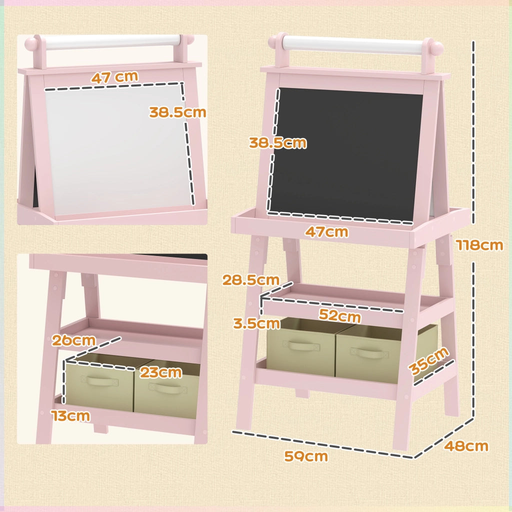 Lavagna per Bambini con Cavalletto 3 in 1 in Legno Rosa con Rotolo Carta e 2 Contenitori Multiuso 59x48x118 cm