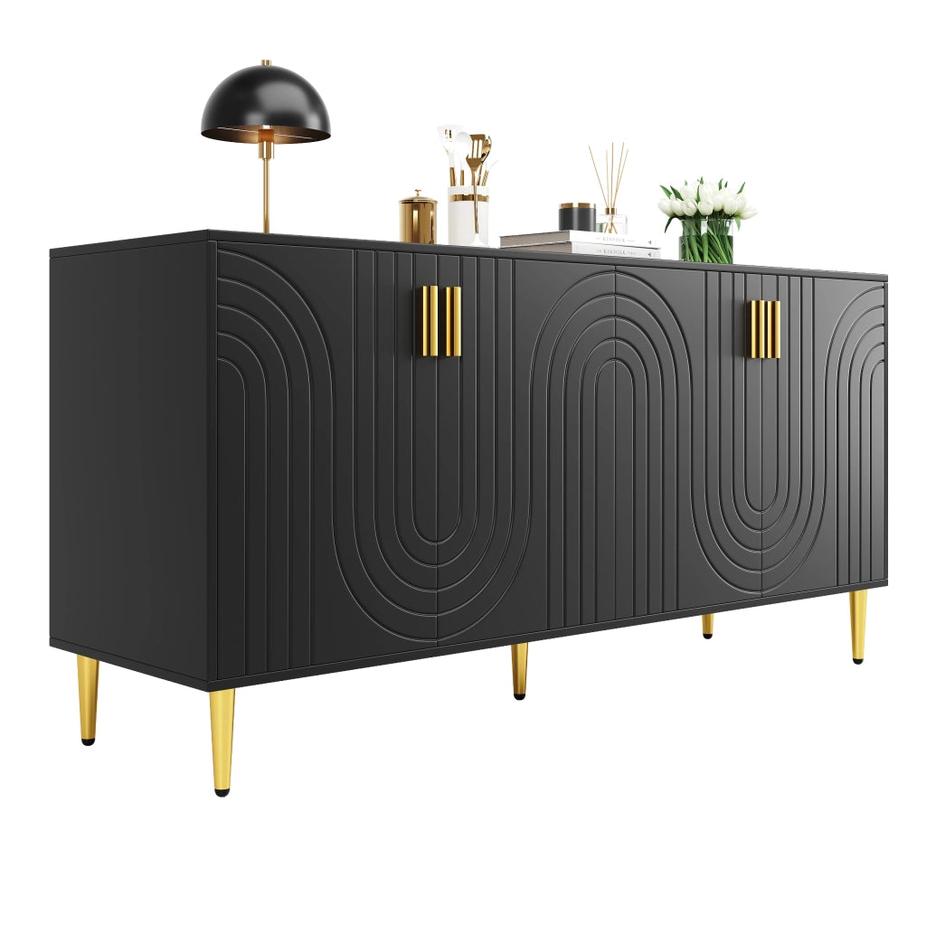 Credenza con 4 ante, 2 cassetti e vani contenitore, frontali ondulati per soggiorno, in MDF nero, 152 × 40 × 75 cm