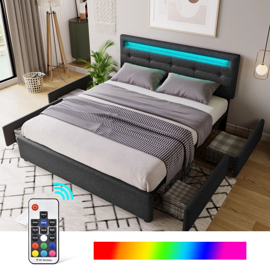 Letto matrimoniale 140 × 200 cm 2 posti con LED, 4 cassetti e testiera regolabile, senza materasso, nero