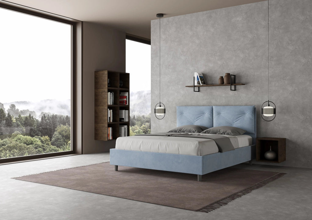 BS COM Letto matrimoniale con rete imbottito 160x190 microfibra azzurro