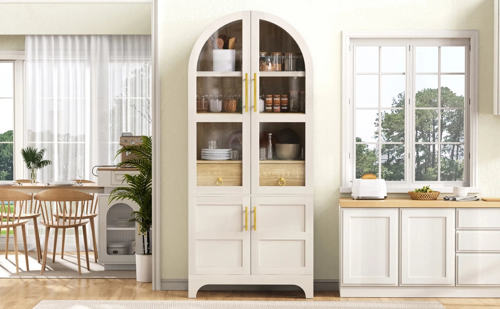 Highboard bianco con ripiani regolabili, cassetto e vetro scanalato. Mobile cucina con ampio spazio contenitore per soggiorno, sala da pranzo e cucina
