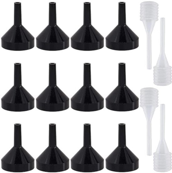 12 pezzi 34x25mm Funnello in Alluminio Nero Mini Funnelli per Olio Essenziale con 4 pezzi Pipetta Piccola Mini Dropper per il Riempiere di Piccole Bottiglie o Contenitori - Atomizzatori e Vetrificanti