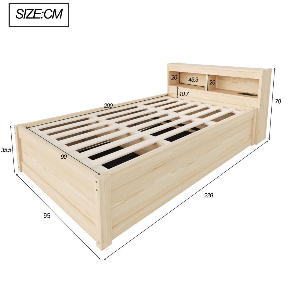 Letto singolo multifunzione in legno massello 90x200 cm con presa elettrica, LED colorati e contenitore idraulico
