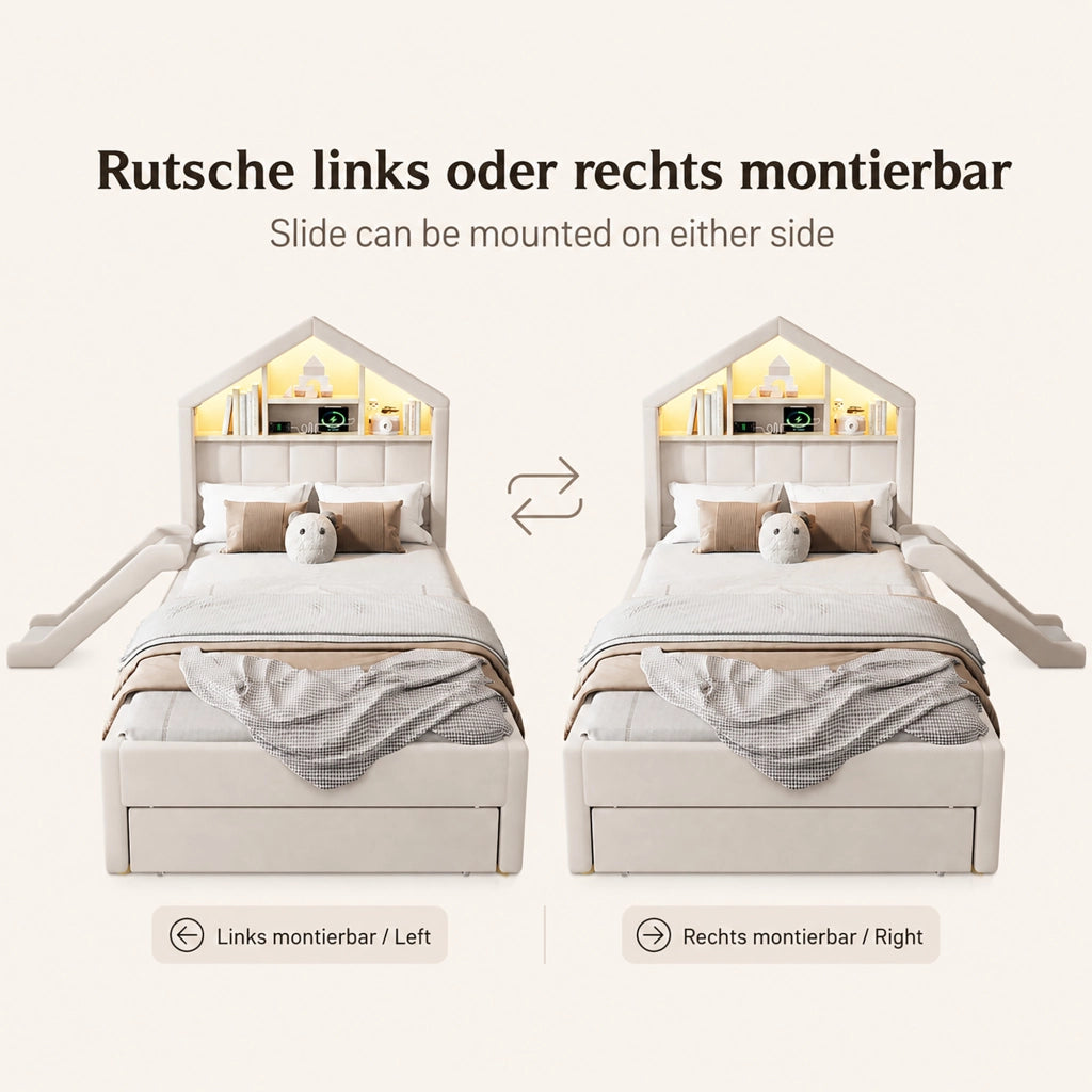 Letto per bambini imbottito 90 × 200 cm con scivolo montabile LED porta di ricarica e vano contenitore beige