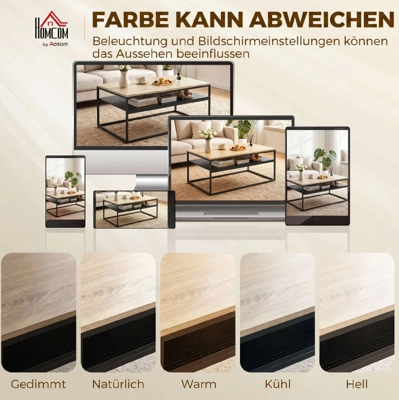 Tavolino da caffè in stile industriale moderno con ripiano, 100 x 59 x 47 cm, struttura nera e piano in effetto quercia