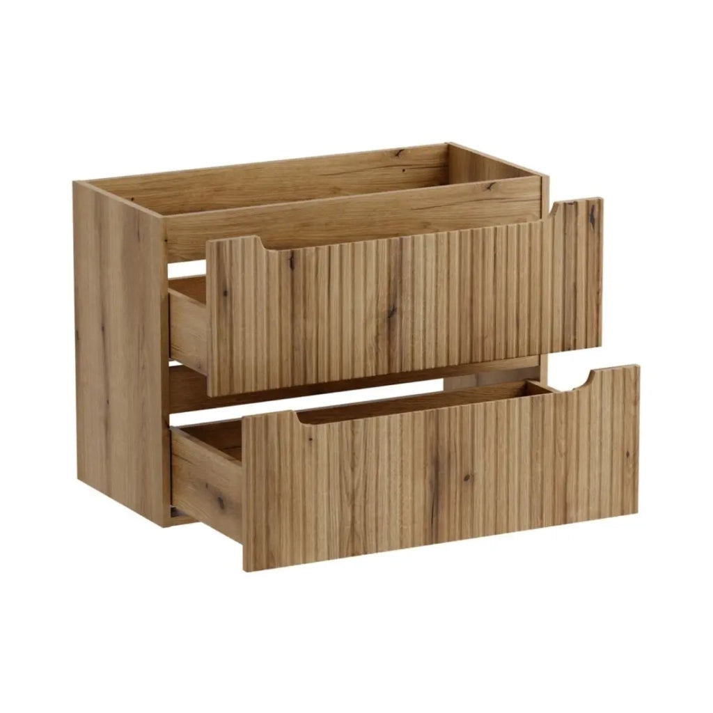 Set da bagno sospeso VANO in rovere chiaro 110cm: mobile sottolavabo con cassetti + piano per lavabo + colonna