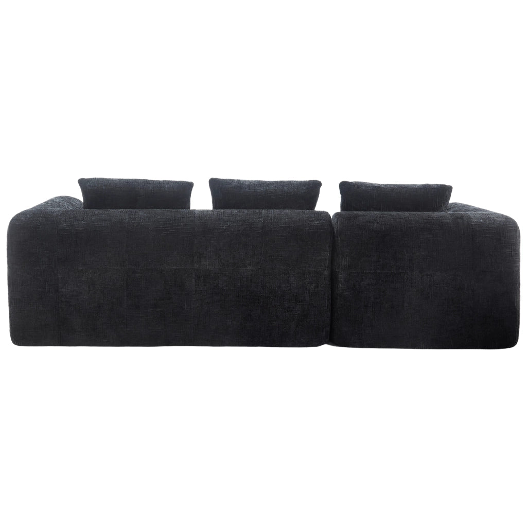 Divano componibile 3 posti con chaise longue e tasche laterali in ciniglia nera, 250x158 cm