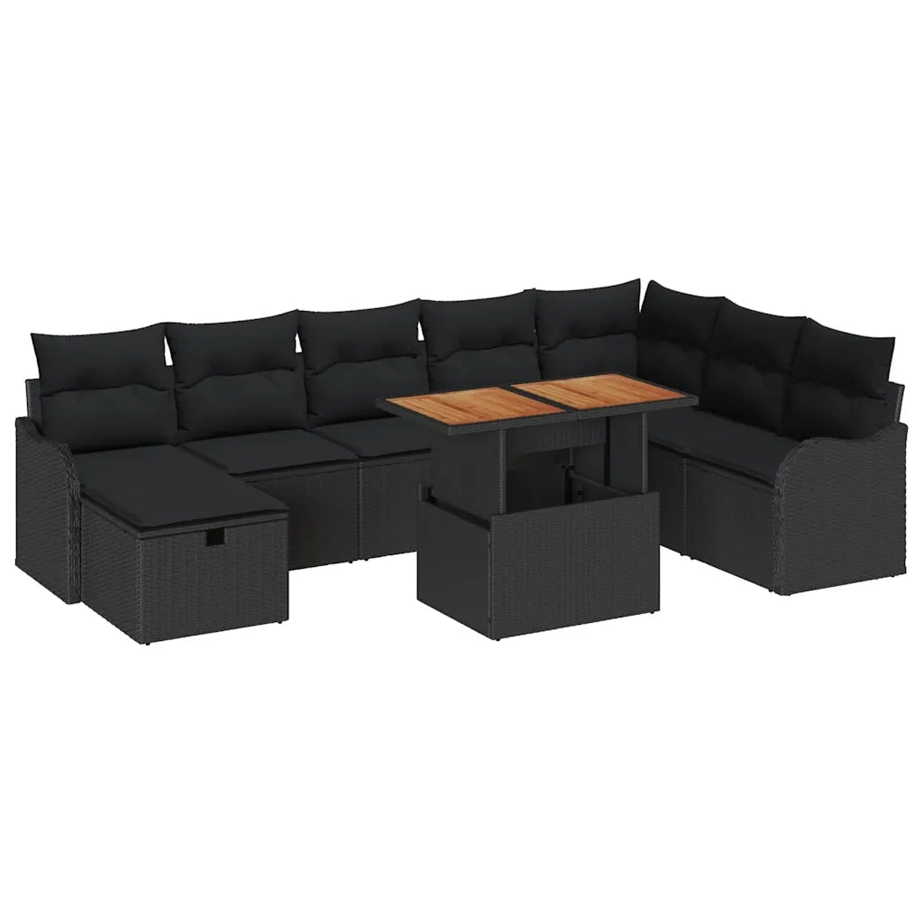 Set Divano da Giardino con cuscino 9 pcs Nero polyrattan