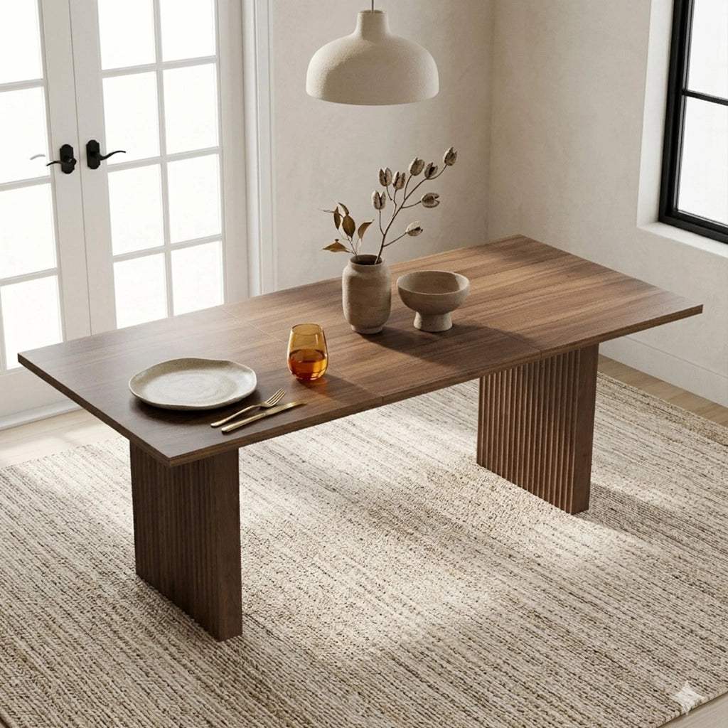 Tavolo da pranzo allungabile 140-200 cm; piano rettangolare 3 cm; gambe sincronizzate; MDF noce