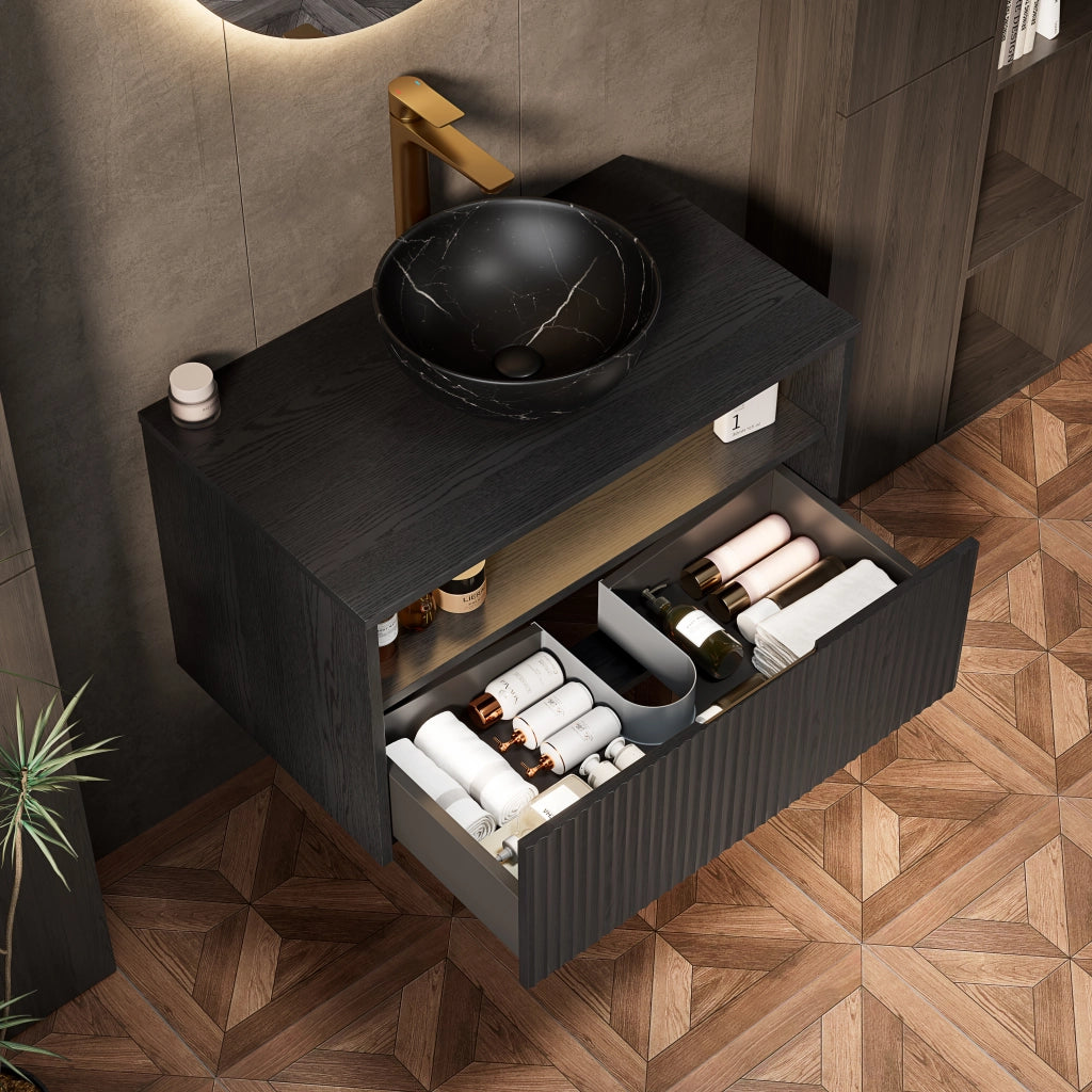 Mobile bagno sospeso con 1 cassetto e 1 vano aperto; lavabo in ceramica; LED con sensore e chiusura ammortizzata; nero 80×46×60.8 cm