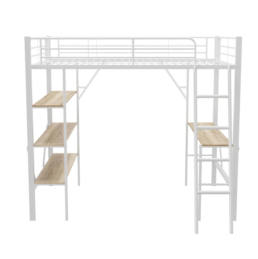 Letto a soppalco ULEVR 90x200 cm con scrivania, 3 ripiani e parapetto, metallo e MDF bianco