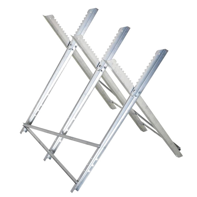 CAVALLETTO TAGLIALEGNA PIEGHEVOLE E TRIANGOLARE IN METALLOCON DENTI SEGHETTATI, 83X83X79 CM, ARGENTO