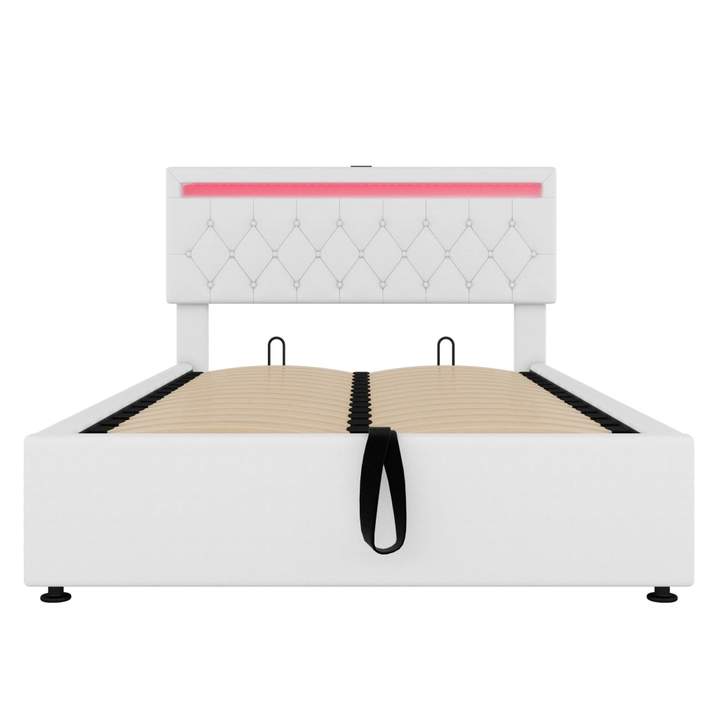 LETTO Imbottito Contenitore 140x200 cm in Lino Bianco con LED, USB e USB-C