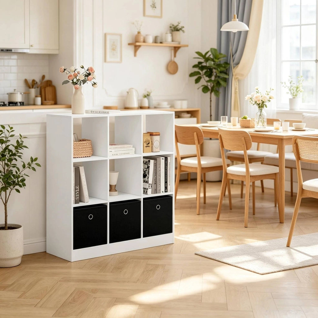 Libreria a cubi bianca e nera con 3 cassetti in tessuto, 80x86,5x30 cm, mensola indipendente per soggiorno e cucina