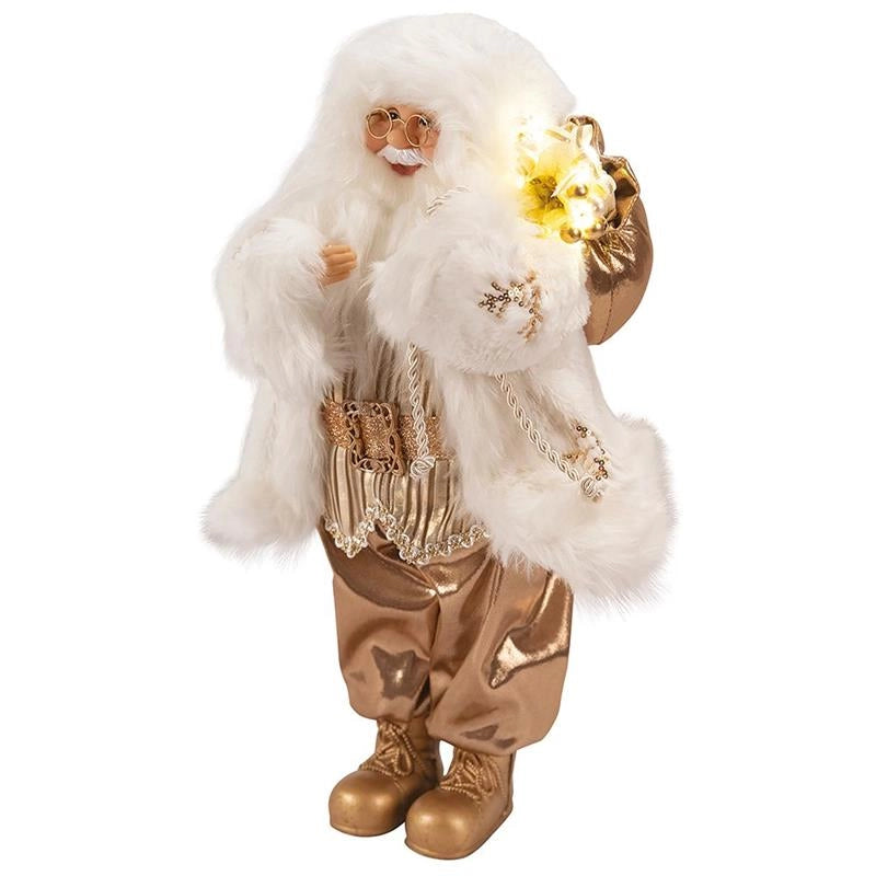 BABBO NATALE A PUPAZZO COLORE ORO BIANCO CON SACCO E 9 LED H 46 CM