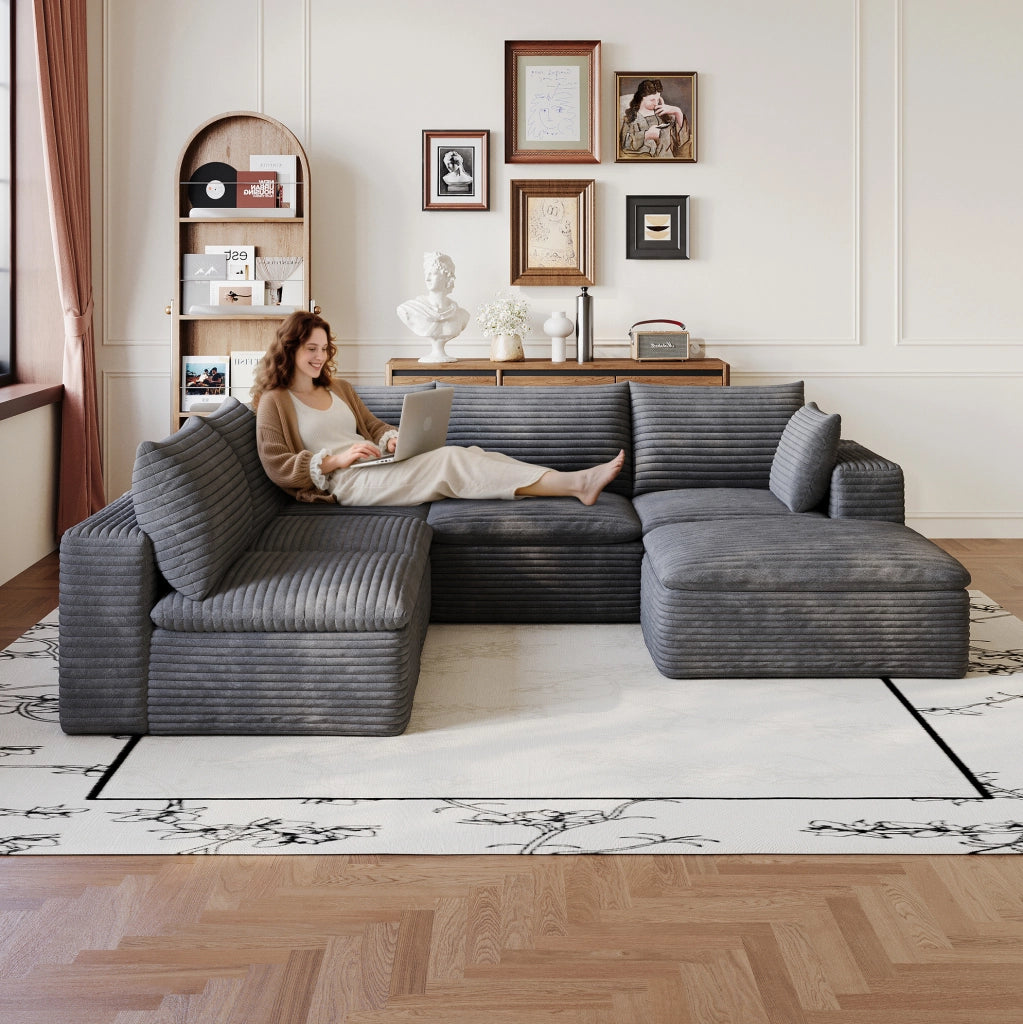 Divano modulare in tessuto di velluto a coste grigio scuro 260x250 cm con imbottitura rimovibile e design a doppio strato
